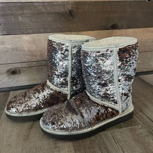 Rose gold disco, festival, glam sequence short Ugg boots.